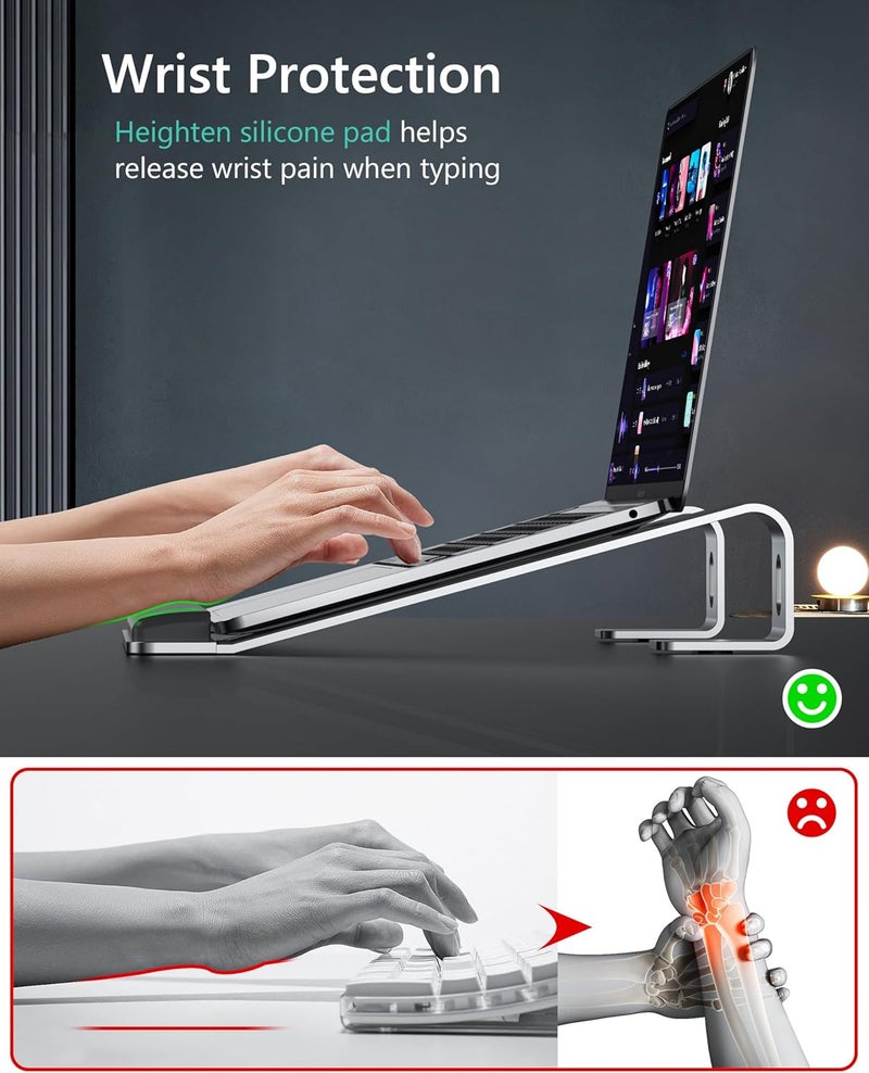 JCZT Aluminum Laptop Stand, Notebook Stand with Wrist Rest, Ergonomic Detachable Laptop Mount, Computer Stand Compatible with 10-17'' All Laptops Such as MacBook Air Pro/HP/Dell/Lenovo, Silver - Image 2